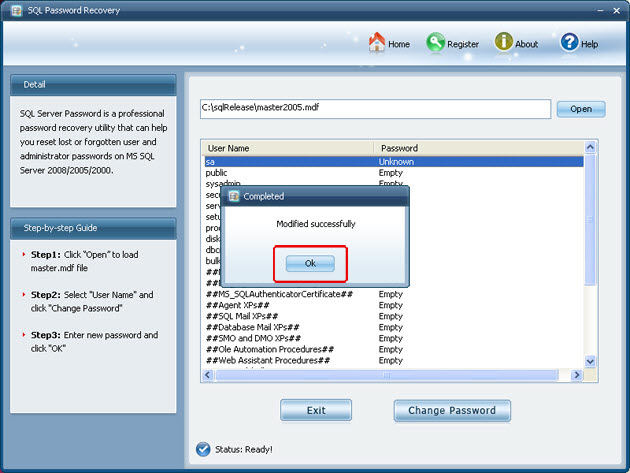 modify sql password